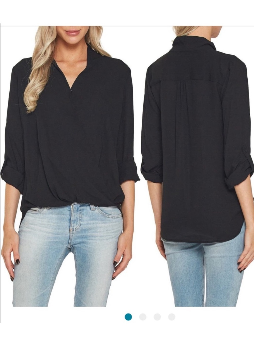 Pleione Surplice Blouse, Hi Low Hem, Button Up Sleeves Sheer, drape, roll sleeve
